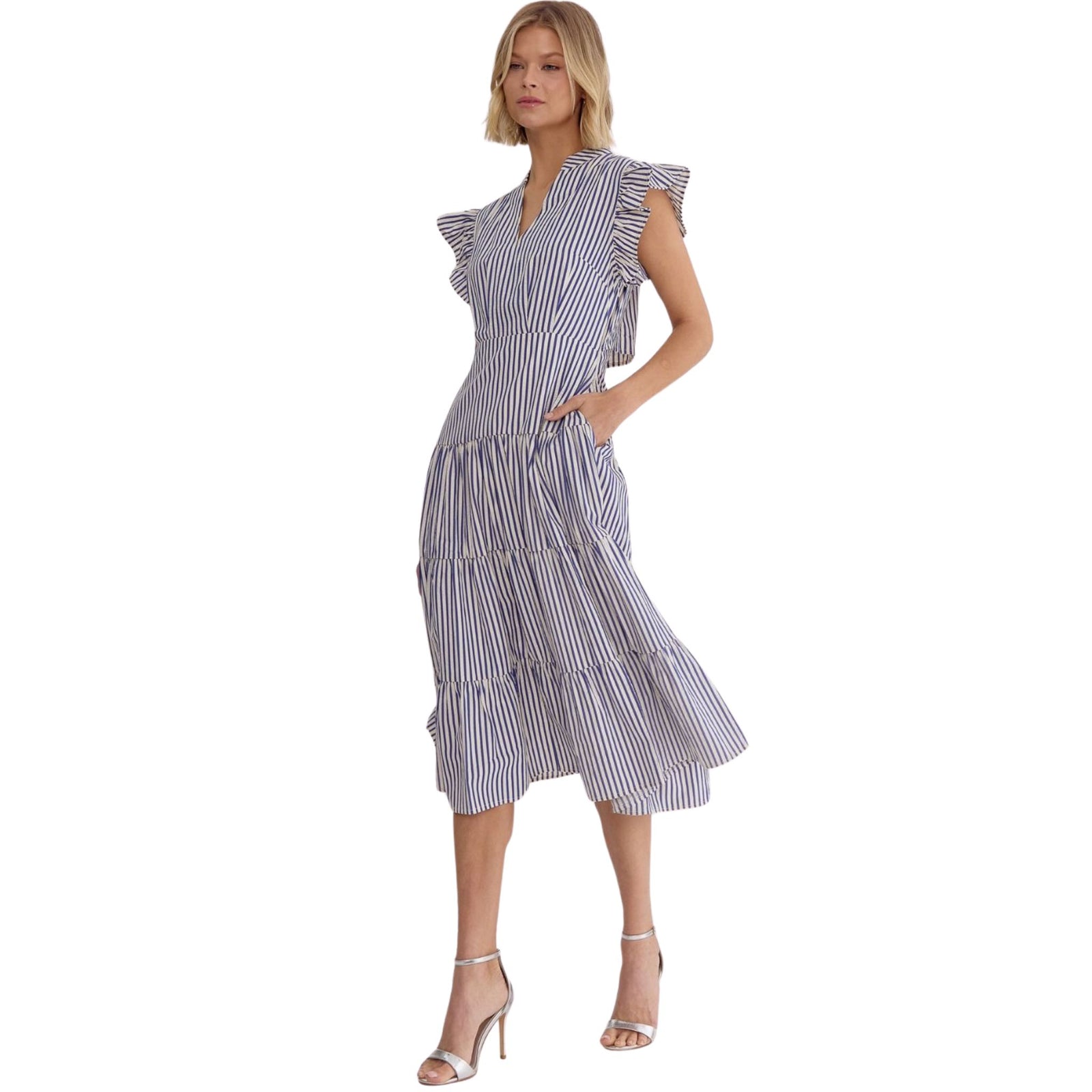 Navy and White Stripe Tiered Flutter Sleeve Midi Dress – Von Lucy Mobile  Boutique
