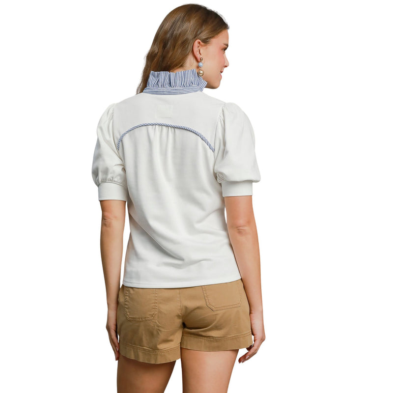 Striped Collar Short Sleeve Polo Top