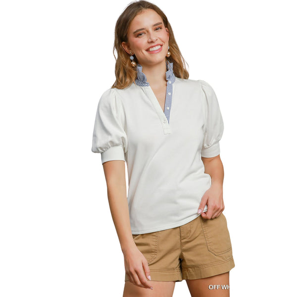 Striped Collar Short Sleeve Polo Top