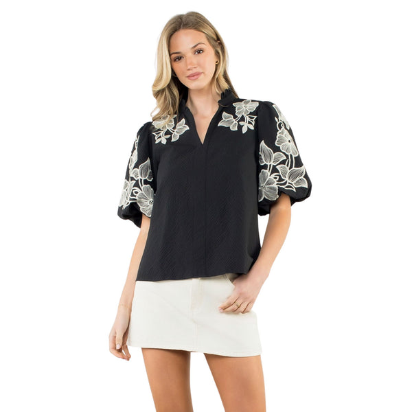 THML Black with White Floral Embroidered Blouse