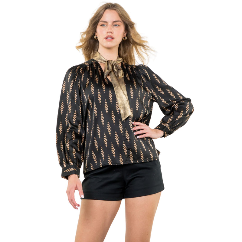 THML Black and Gold Print Top with Tie