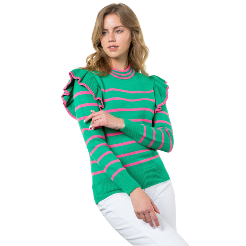 THML Green Stripe Flutter Sleeve Sweater