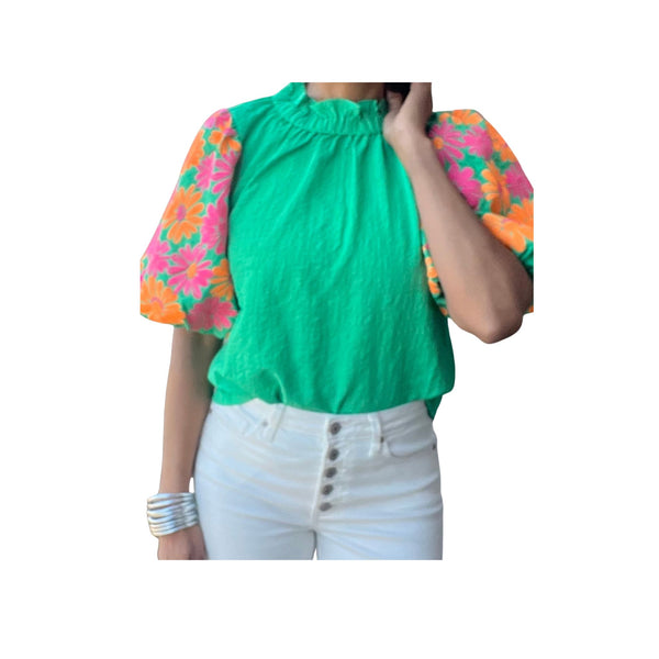 THML Green Mock Neck Embroidered Sleeve Top