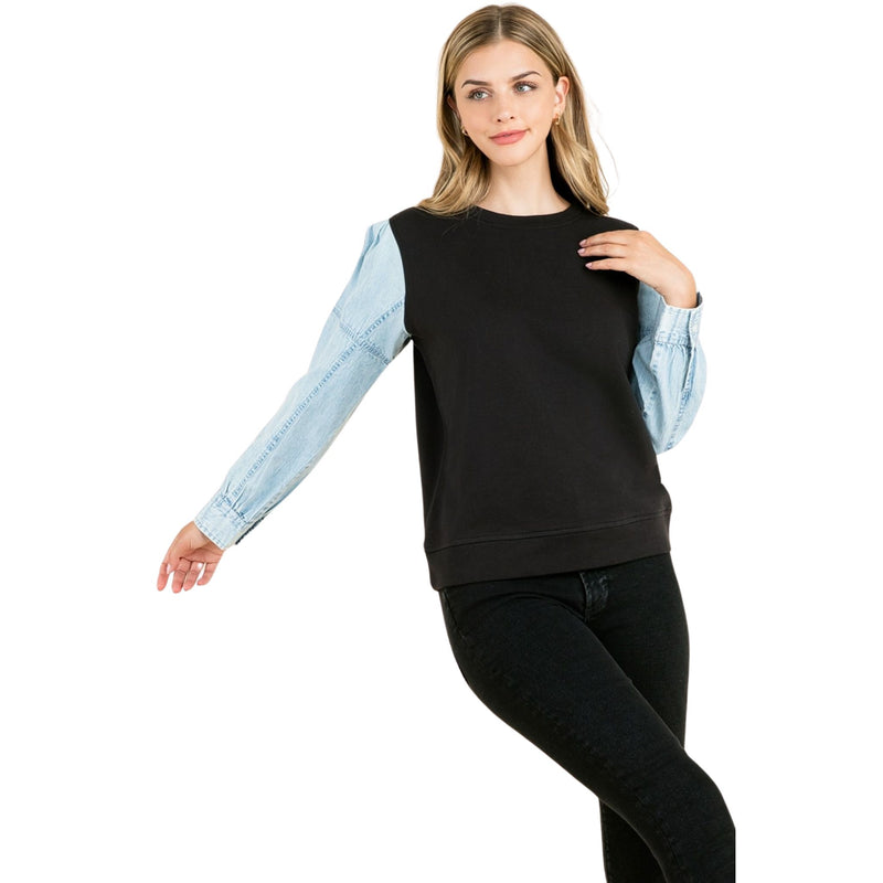 THML Knit and Denim Sleeve Top