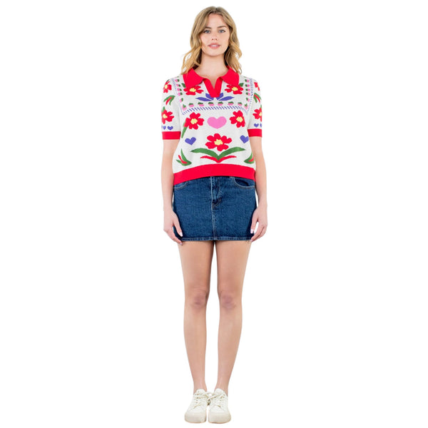 THML Levone Flower Knit Short Sleeve Sweater Top