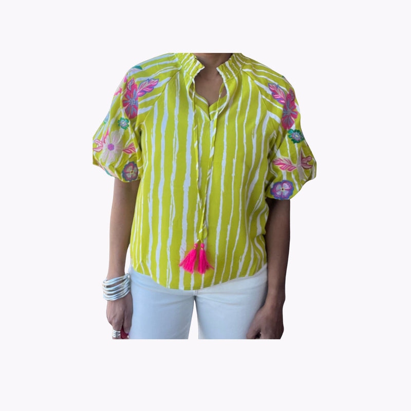 THML Lime Embroidered Puff Sleeve Striped Top - FINAL SALE