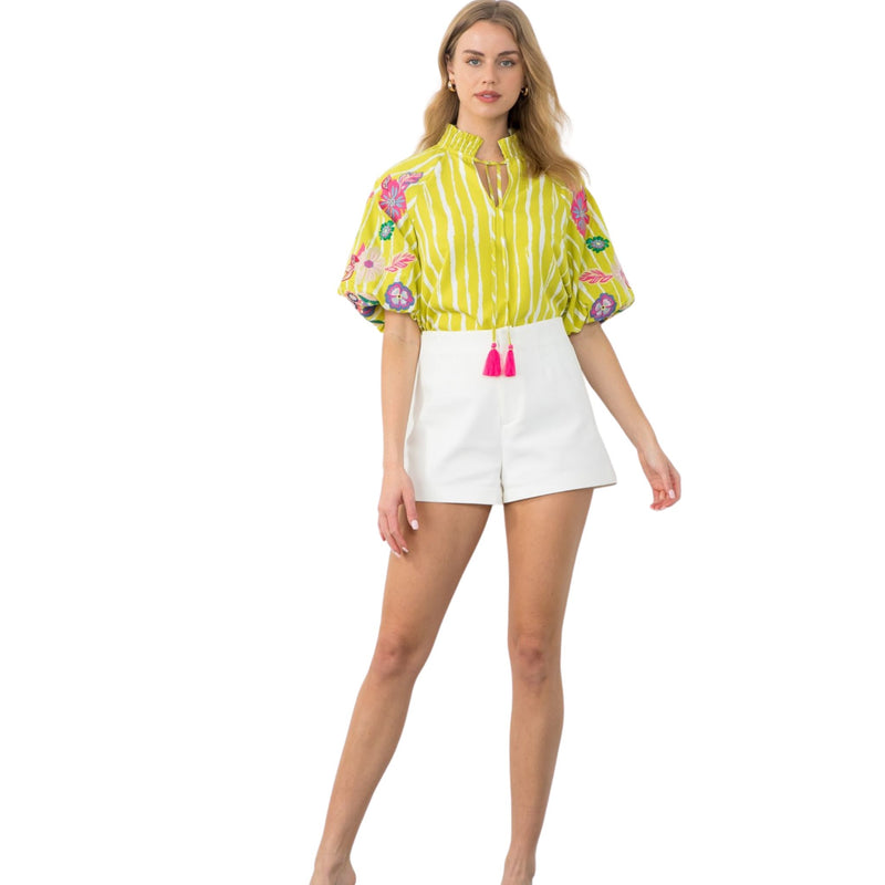 THML Lime Embroidered Puff Sleeve Striped Top