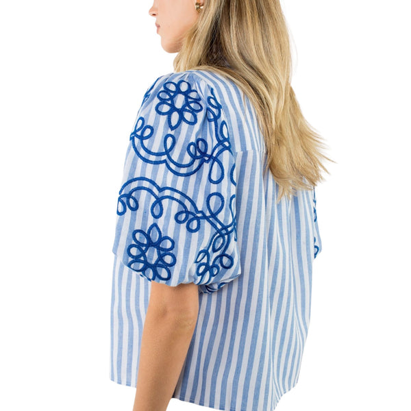 THML Blue Puff Sleeve Striped Embroidered Top