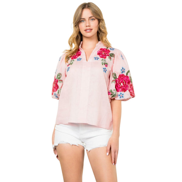 THML Pink Rose Embroidered Detail Puff Sleeve V-Neck Top