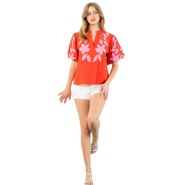 THML Red and Pink Embroidered  Poplin Top