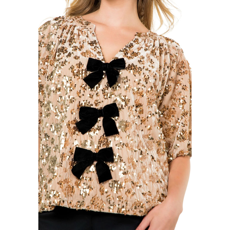 THML Beige Velvet Sequin Bow Detail Top