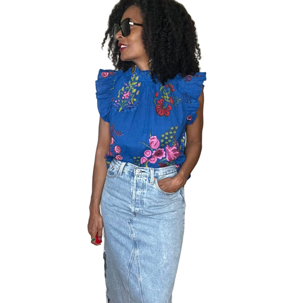 THML Blue Floral Mock Neck Floral Top