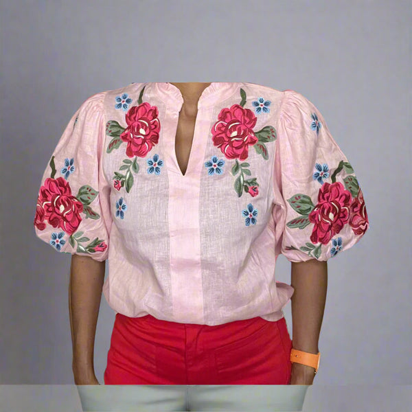 THML Cameron Pink Rose Embroidered Detail Puff Sleeve V-Neck Top