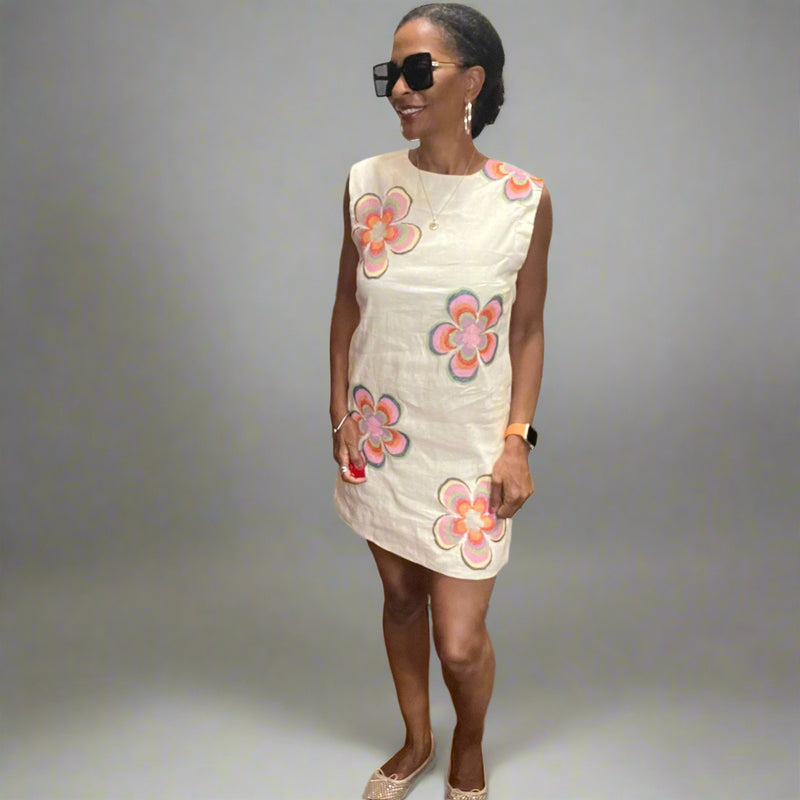 embroidered dress flowers Stacia Sleeveless Flower Embroidered Dress Cream / M