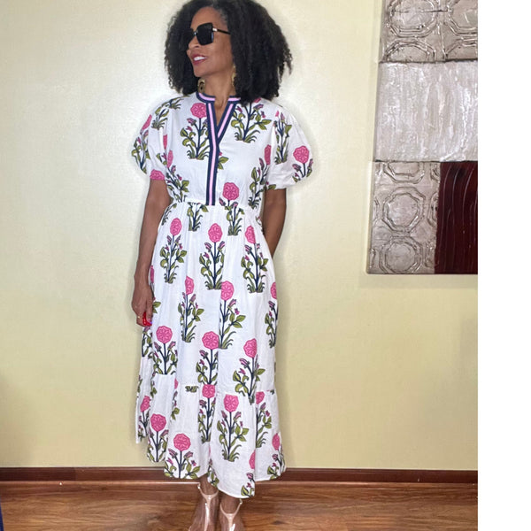 THML Mia Puff Sleeve Flower Print Maxi Dress
