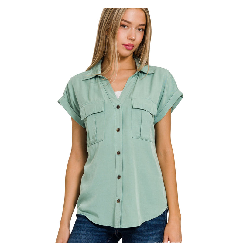 V-Neck Tencel Collared Top