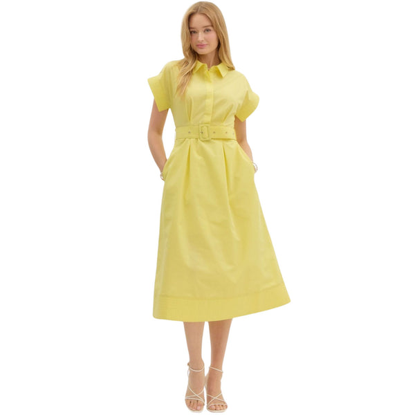 Yellow Solid Stitch Button Front Midi Dress