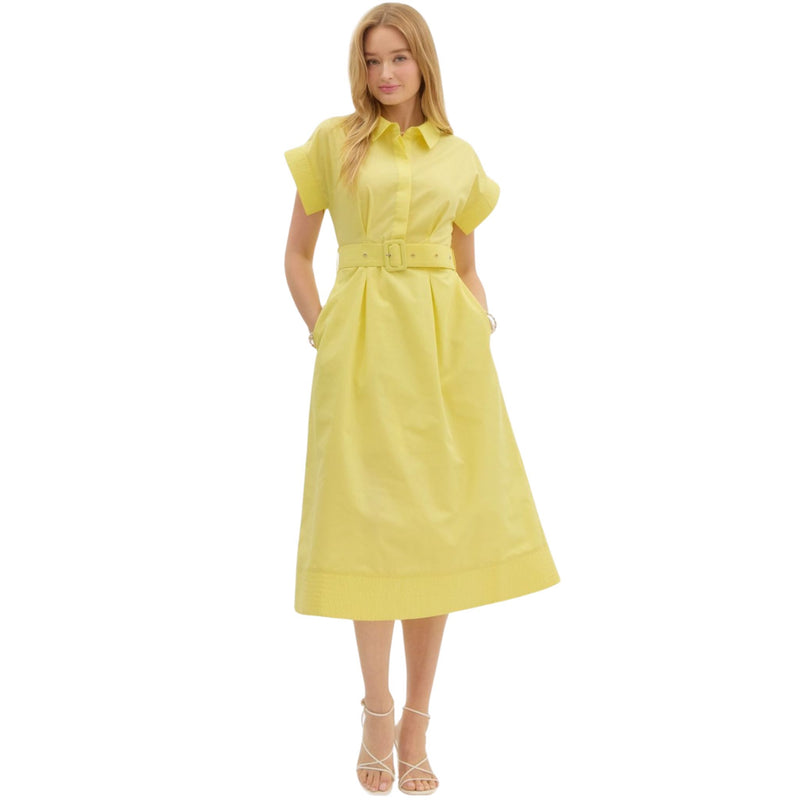 Yellow Solid Stitch Button Front Midi Dress