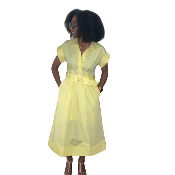 Yellow Solid Stitch Button Front Midi Dress