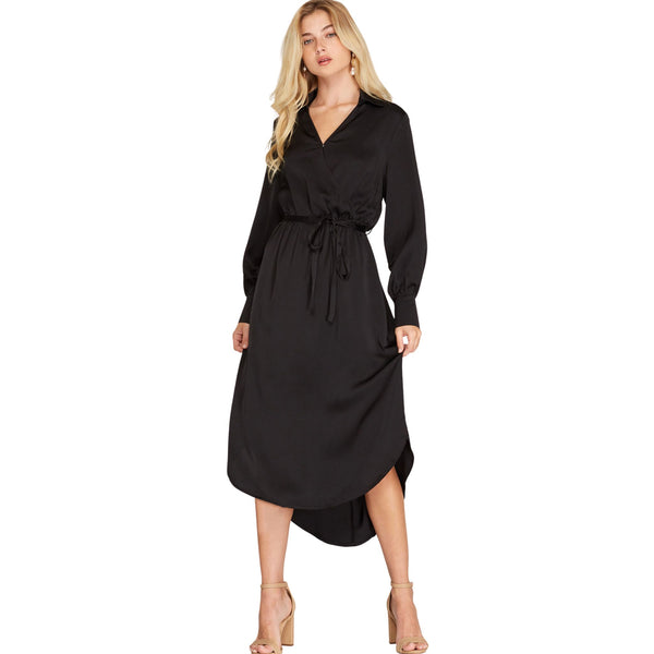 Black Long Sleeve Collared Midi Satin Dress
